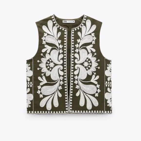 Zara CONTRAST EMBROIDERED VEST Olive Green/White Size M - Picture 8 of 16